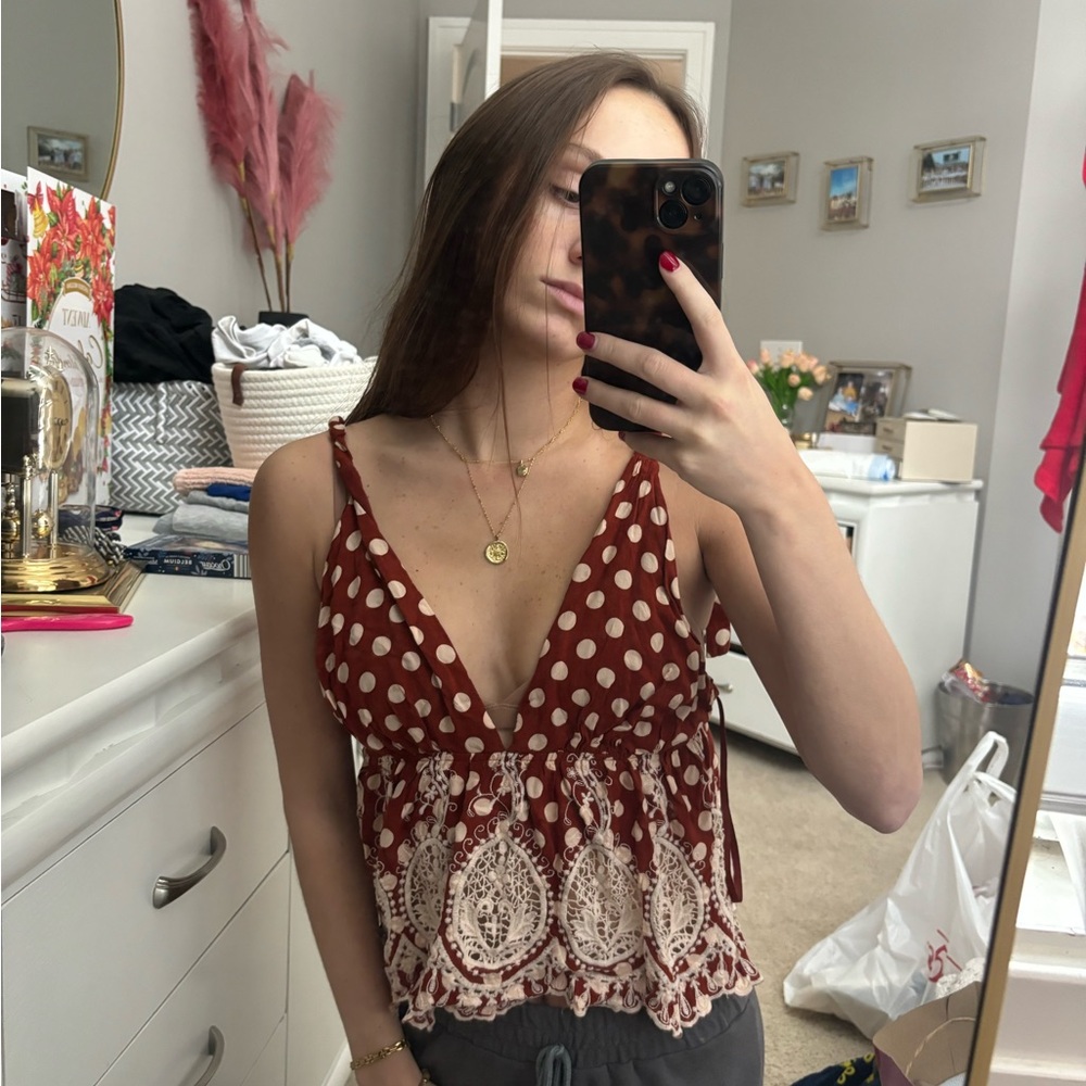 Free People Burgundy Polka Dot Lace Blouse